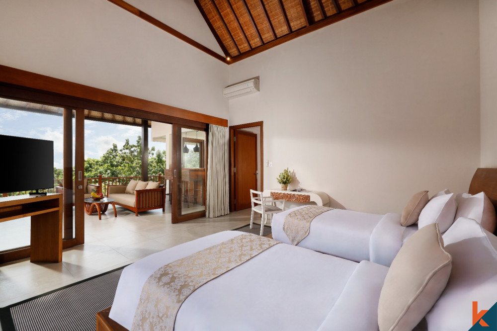 Nestled amidst the serene landscapes of Canggu, this enchanting villa offers a peaceful escape with its three spacious bedrooms.