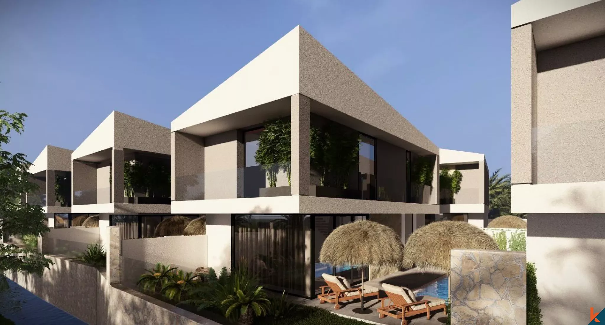 Villa Pribadi Kontemporer 2 Kamar Tidur yang Akan Segera Hadir di Berawa dengan Ruang Tamu Tertutup dan Kolam Renang