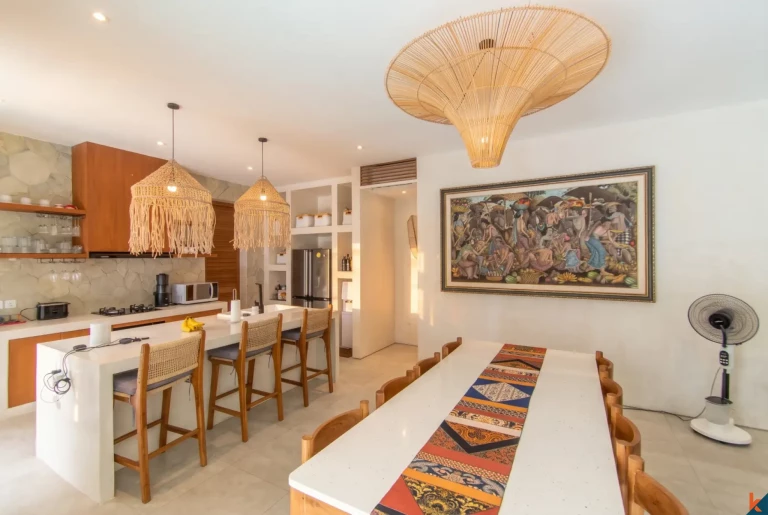 Open living, dining and kitchen area of multilevel villa, Umalas