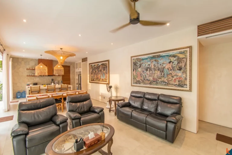 Open living, dining and kitchen area of multilevel villa, Umalas